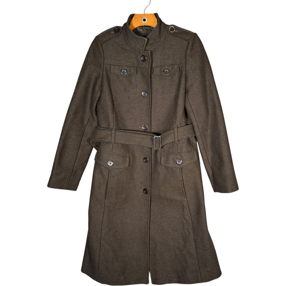 Banana Republic Green Wool Mid Length Coat Military Belted Classic S